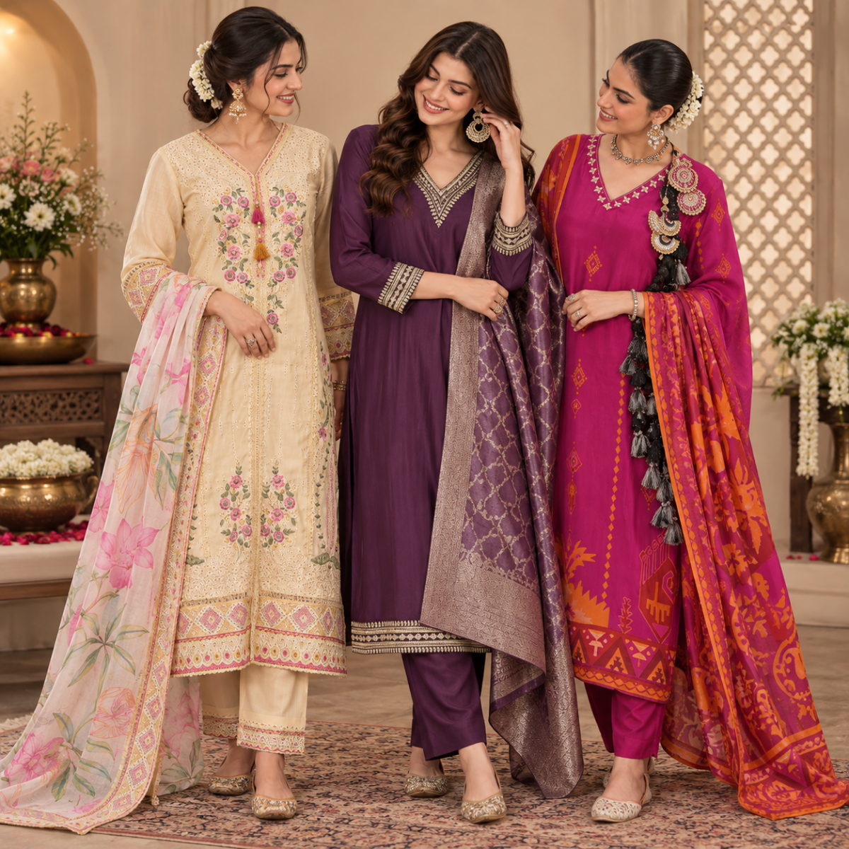 3 Women’s Ethnic Kurta Sets With Dupatta | K4