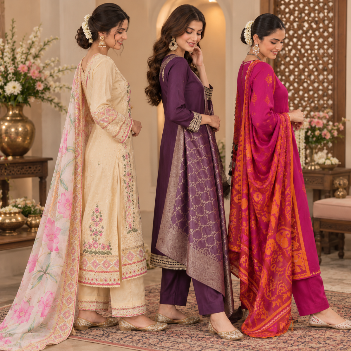 3 Women’s Ethnic Kurta Sets With Dupatta | K4