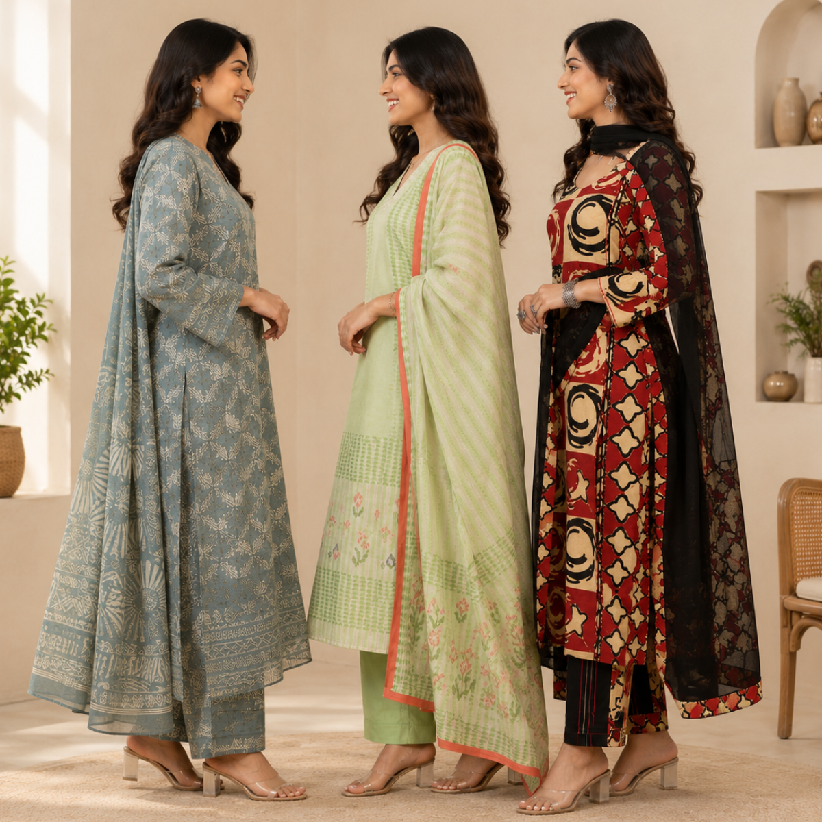 3 Cotton Kurti Set + Bottom With Dupatta ( K-9 )
