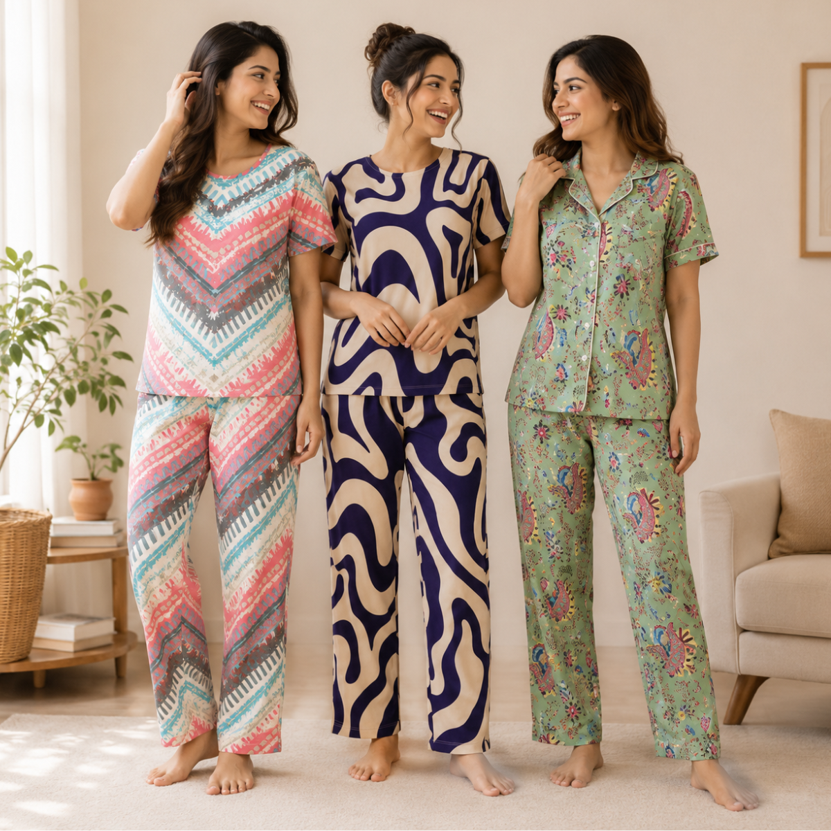3 Printed Cotton Nightwear Set ( P10 )