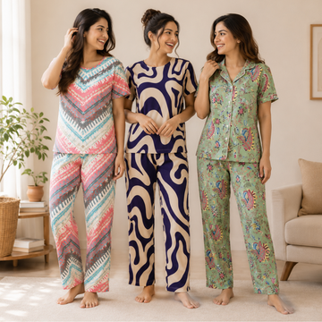 3 Printed Cotton Nightwear Set ( P10 )