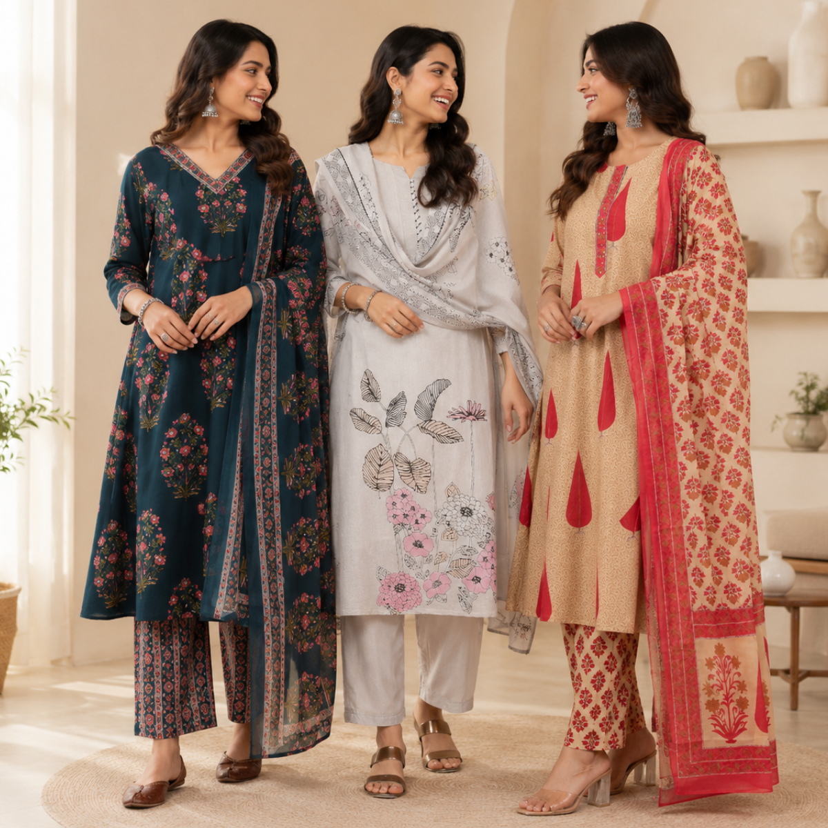3 Cotton Kurti Set + Bottom With Dupatta ( K-10 )
