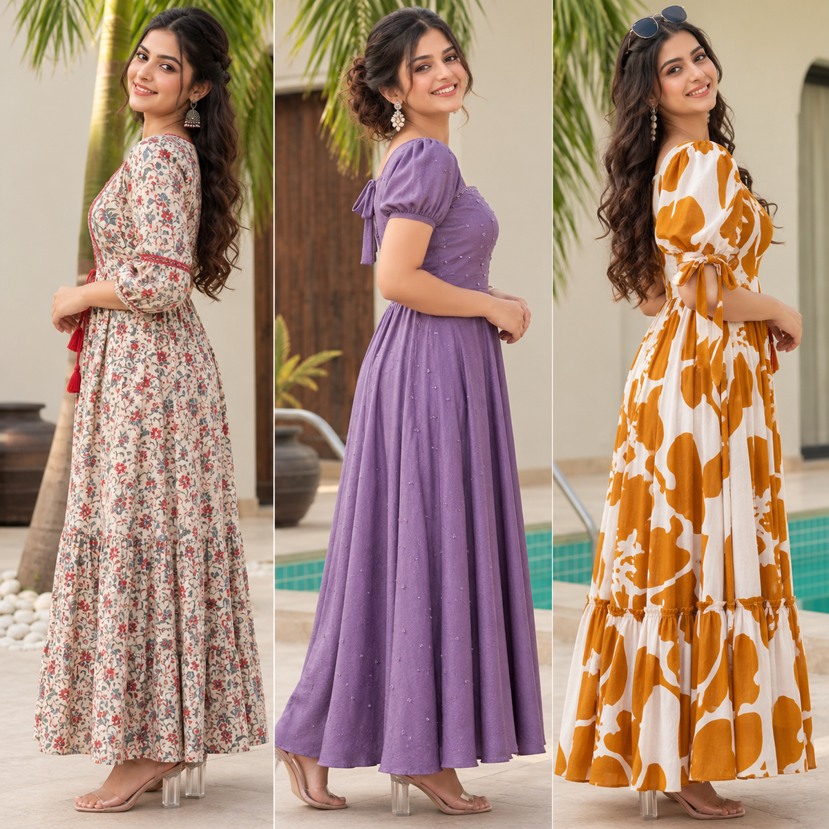 3 Women’s Stylish Printed Maxi Dress ( MD-1 )