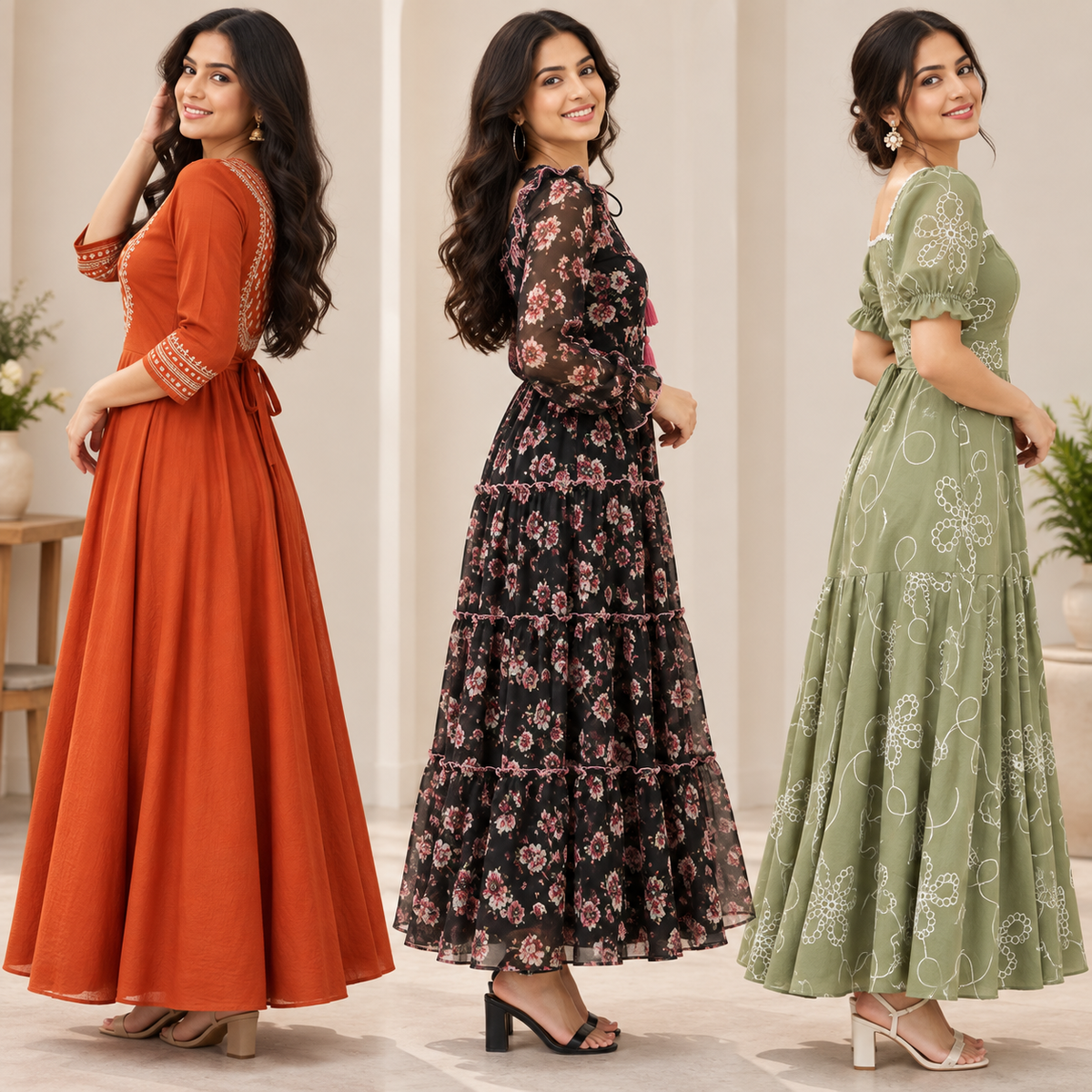 3 Women’s Stylish Printed Maxi Dress ( MD-2 )